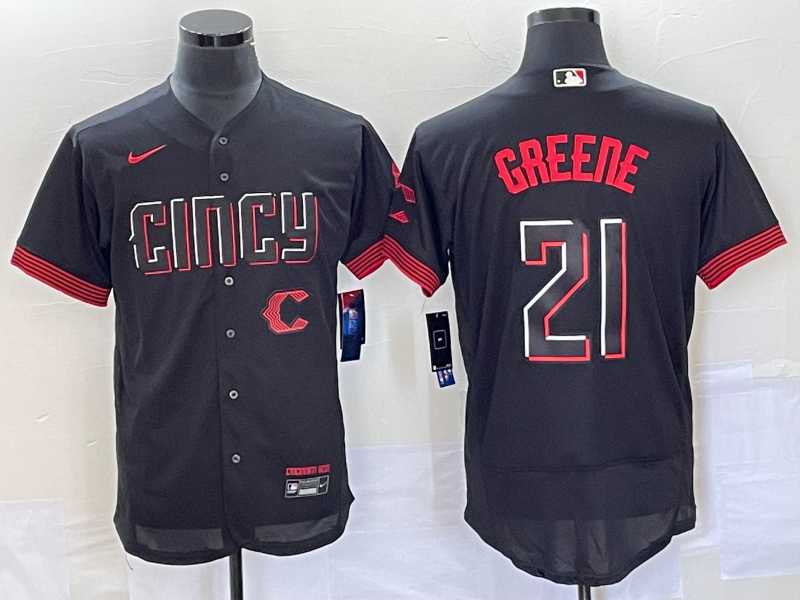 Mens Cincinnati Reds #21 Hunter Greene Black 2023 City Connect Flex Base Stitched Jersey